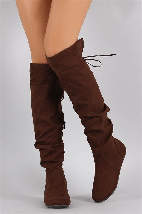 Bamboo Vegan Suede Slouchy Cutie Lace Up Flat Boots Boots High Knee
