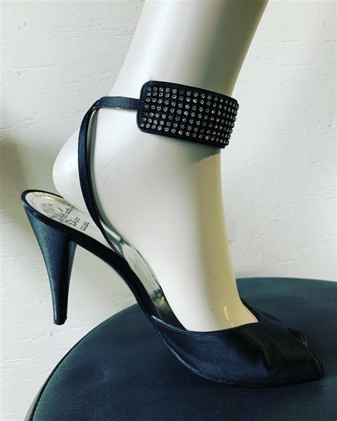 1980s Christian Dior Peau De Soie Ankle Strap Open Toe Pumps W