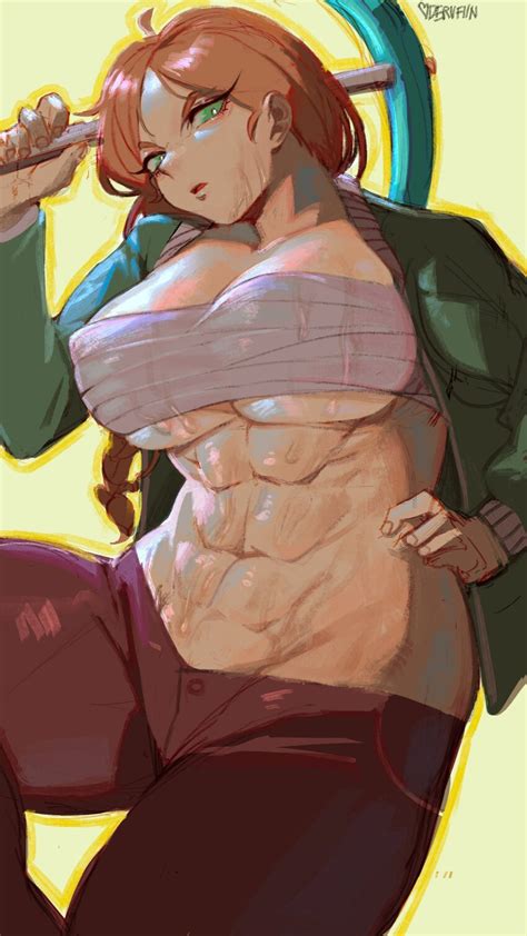 Sadak0 Alex Minecraft Minecraft Absurdres Highres 1girl Abs Breasts Green Eyes Hand