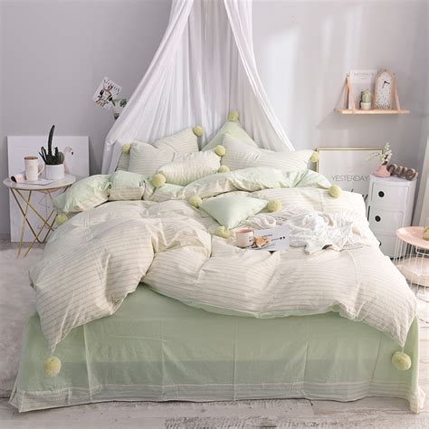 We love to always have a cute bedding set in our bedrooms! Cute ball Pink Green Stripe print 100%cotton Bedding Set ...