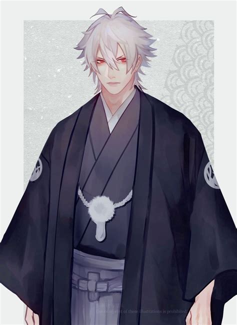 An Anime Character With White Hair Wearing A Black Kimono And Holding