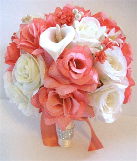 17 Pcs Wedding Silk Flower Bouquet Bridal Package Peach CORAL CREAM