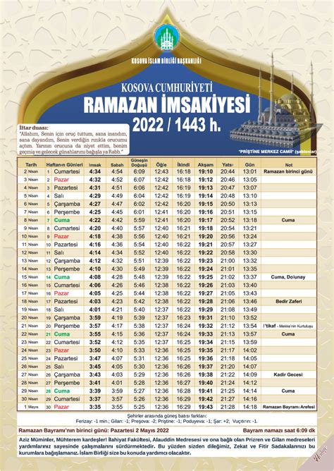 Ramazan Imsakiyesi 2022 Dituria Islame