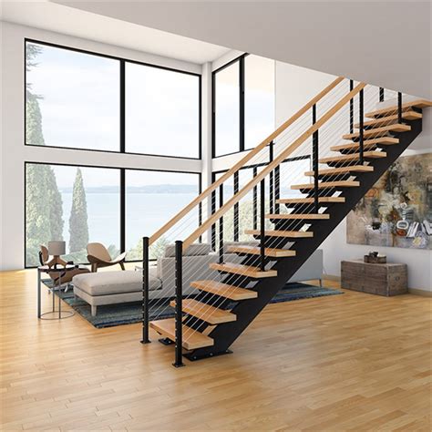 Wire Railing Straight Steel Wood Stairs Design Double Beam Staircase