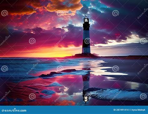 Iconic Lighthouse And Colorful Ocean View At Sunset Made Generative Ai