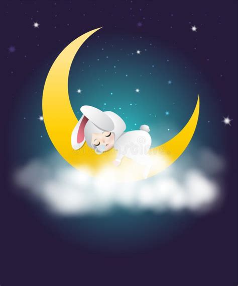 Baby Bunny Sleeping On The Moon In Cloudy Night Stock Vector