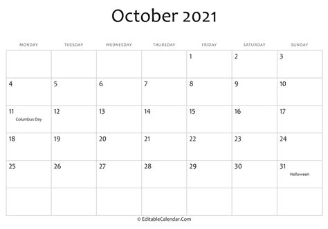 October Printable Calendar 2021
