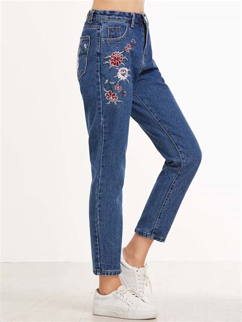 Flower Embroidered Ankle Jeans Sheinsheinside
