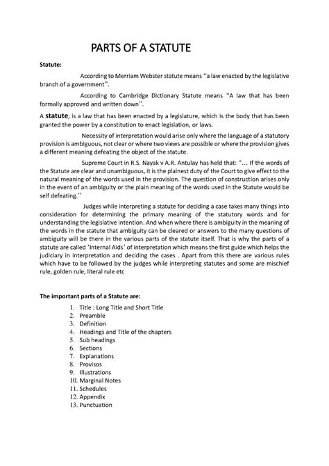 Unit 04 Parts of a statute - PARTS OF A STATUTE Statute: According to