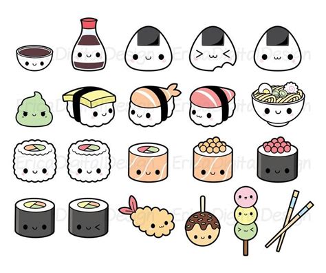 Sushi Kawaii Clipart Bundle Cute Sushi Clip Art Onigiri Nigiri Etsy