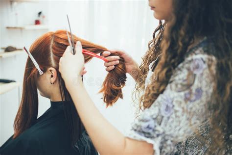 Stylist Working In The Beauty Salon Haircut And Hair Styling Stock