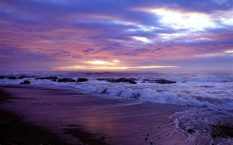 Coast Beach Rocks Sea Waves Sunset Wallpaper Nature And