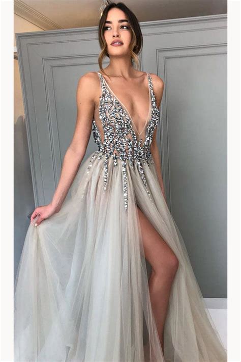 Gray Sequined Deep V Neck Prom Dress With Left Slit A Line Tulle