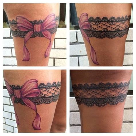 With A Pink Bow By Stephanie De Pertuis Lace Garter Tattoos Thigh