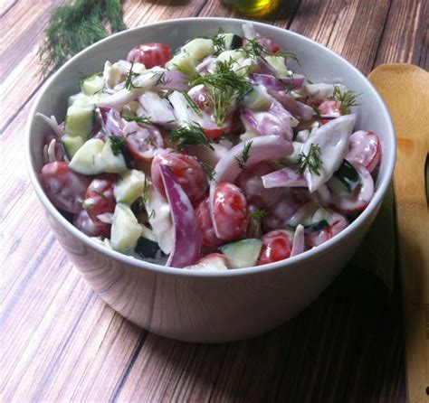 Add cucumbers to yogurt mixture and stir gently to combine. Cucumber Tomato Salad with Dill Yogurt Dressing - A Cedar ...