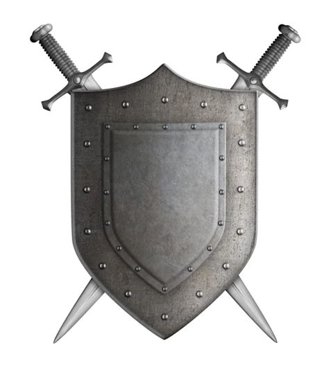 Metal Medieval Shield And Crossed Swords Behind It Isolated On W