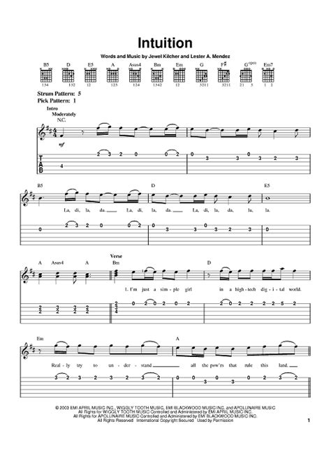 Intuition Sheet Music By Jewel For Easy Guitar Tab Sheet Music Now