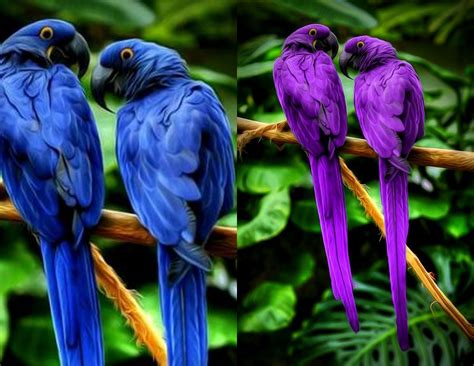 Original Image On The Left Fake Purple Parrots On The Right Fake