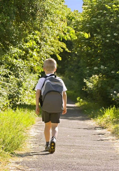 Young Boy Correctly Wearing A Backpack While Walking To School In North