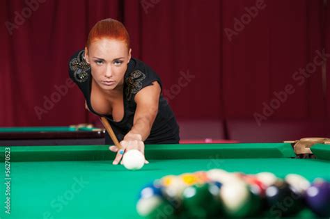 Sexy Pool Player Beautiful Young Red Hair Woman Playing Pool Stock