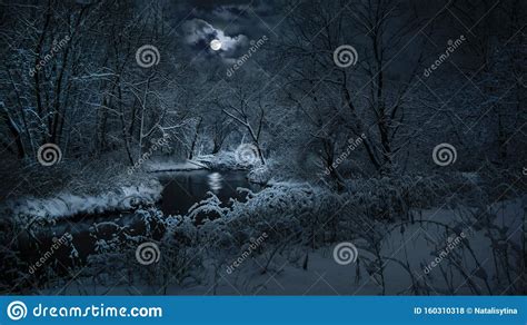 Full Moon Over The River In The Night Winter Forest Stock Photo Image