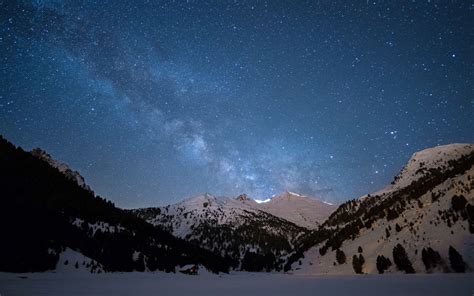Download Wallpaper 3840x2400 Starry Sky Space Mountains Snow 4k