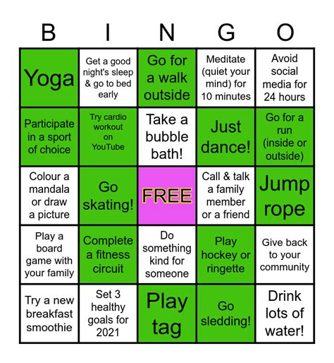 Physical Activity Healthy Living Bingo Card