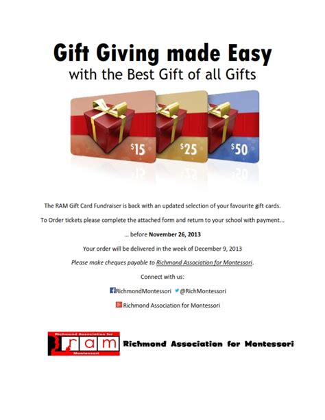 Fundraising committees for schools, churches, clubs, and charities are always in need of gift cards that can be redeemed for supplies, auctioned at fundraisers or given as prizes. November | 2013 | Richmond Association for Montessori
