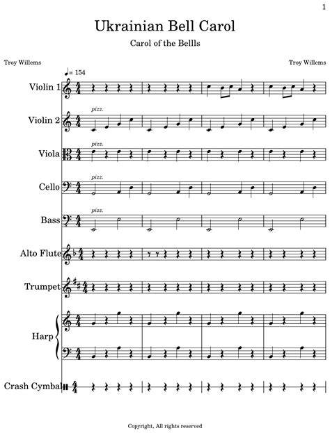 Ukrainian Bell Carol Sheet Music For Violin Viola Cello Contrabass Alto Flute Trumpet