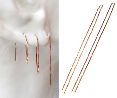 Extra Long 8 Multiple Piercing Threader Earrings In Rose Gold Vermeil