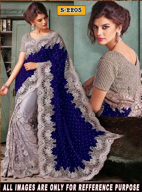 New Designer Blue And Grey Velvet And Net Embroidered Wedding Bridal Saree Saree Designs Bridal