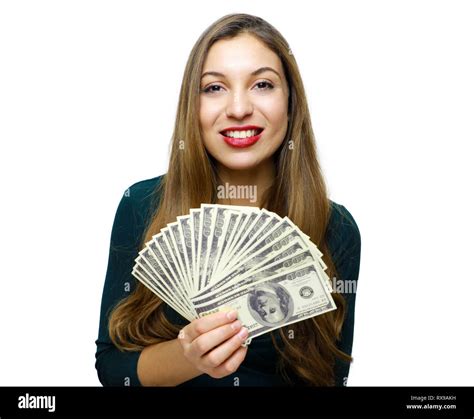 Image Of Young Rich Woman Smiling With White Teeth And Holding Lots Of