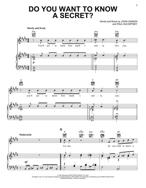 do you want to know a secret sheet music the beatles piano vocal and guitar chords right