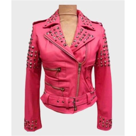 Pink Biker Golden Studded Leather Jacket