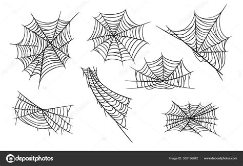 Spider Web Hand Drawn Monochrome Illustrations Set — Stock Vector