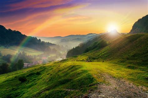Download Mountains Trees Meadow Sun Rays Nature Lawn By Dennisg24