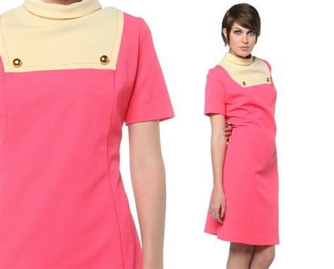 60s Mod Dress Pink Mini Cream Bib Stewardess 1960s Shift A Etsy Mod