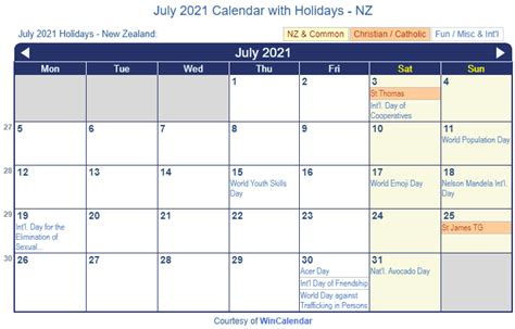 Print Friendly July 2021 New Zealand Calendar For Printing