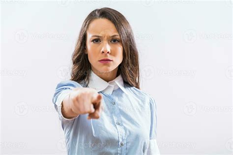 Image Of Angry Businesswoman Pointing On Gray Background 34823809 Stock