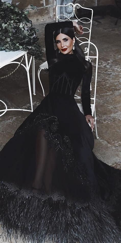 Gothic Wedding Dresses With Long Sleeves Black Fringe Said Mhad