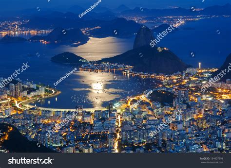 Night View Of Mountain Sugar Loaf And Botafogo In Rio De Janeiro Stock