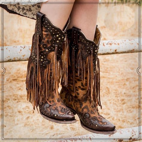 Womens Corral Fringe Boots With Leopard Print Handcrafted Fringe