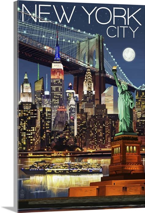 New York City Ny Skyline At Night Retro Travel Poster Wall Art Canvas Prints Framed Prints
