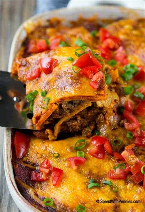 To save time prepare the ground beef filling up to a day in advance just warm slightly when ready to use. Beef Enchilada Casserole {A Crowd Pleaser} - Spend With Pennies