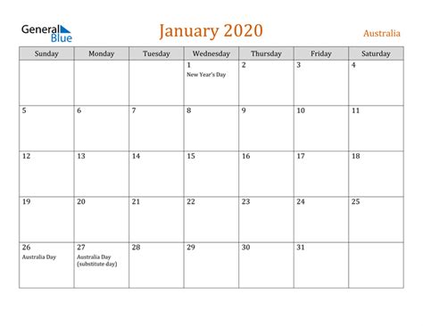 Australia January 2020 Calendar With Holidays