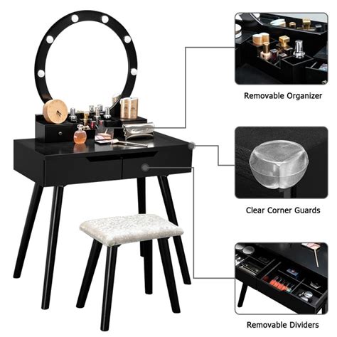 Ubesgoo Wooden Dressing Table With Round Lighted Mirror Vanity Set With Cushioned Stool Makeup