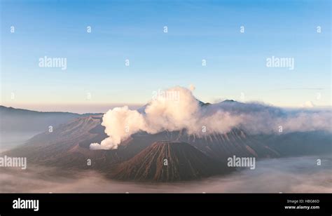 Smoking Mount Bromo Volcano At Sunrise Mount Batok Mount Kursi