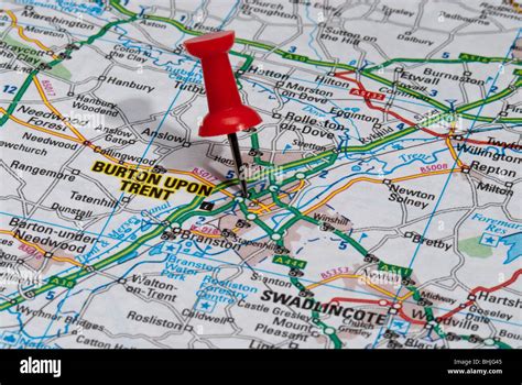 Red Map Pin In Road Map Pointing To City Of Burton Upon Trent Stock