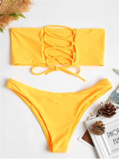 [3 off] 2021 zaful unlined back lace up bandeau bikini set in mustard zaful