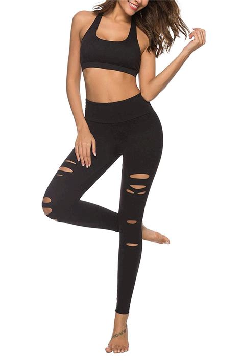 DIBAOLONG Womens High Waist Yoga Pants Cutout Ripped Tummy Black Size Small U EBay
